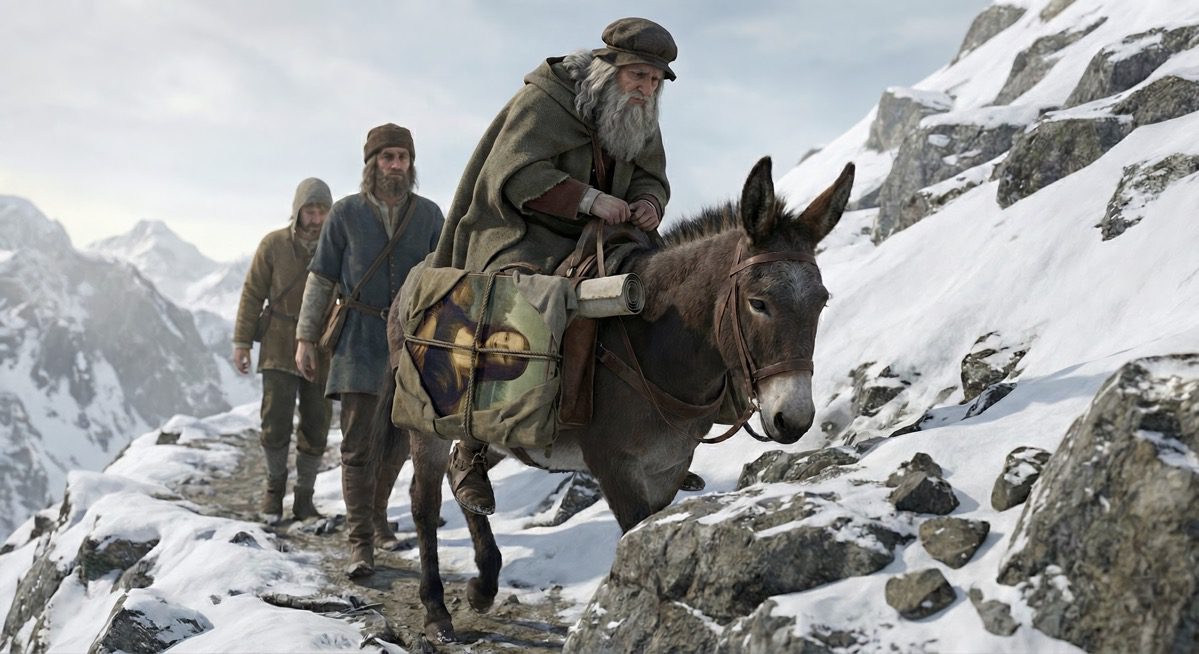 Da Vinci crossing the Alps on muleback