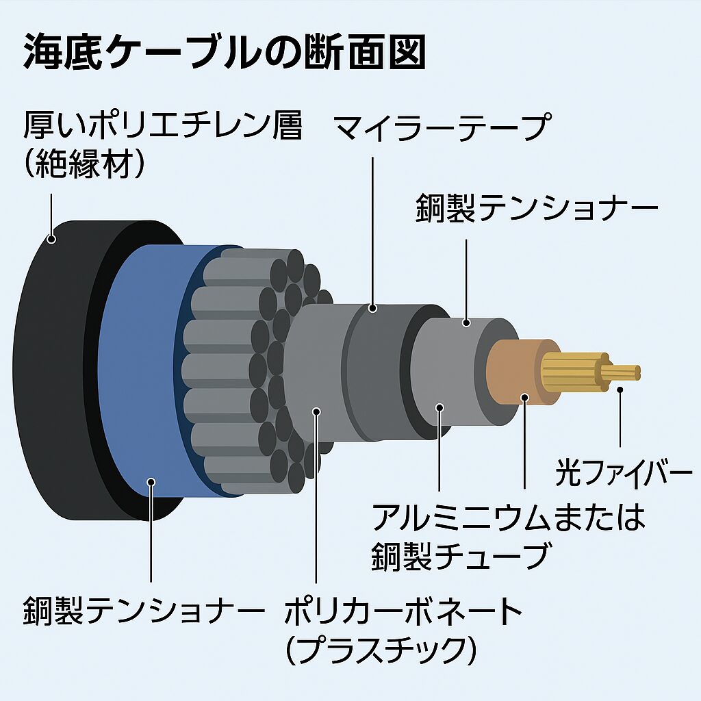 海底ケーブルの構造。強度の高い素材が何層にも重ねられており、特別な機器を使用しなければ切断することは不可能。